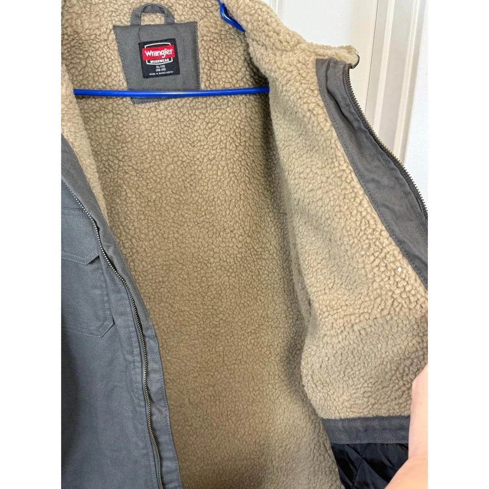 NWT Wrangler Workwear Mens XL Sherpa Jacket Grey Cotton Canvas Zip Carhartt Coat